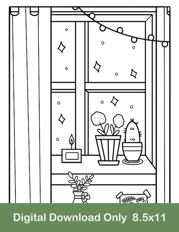 Cozy printable coloring page window coloring page star coloring page plant coloring page printable coloring page digital download