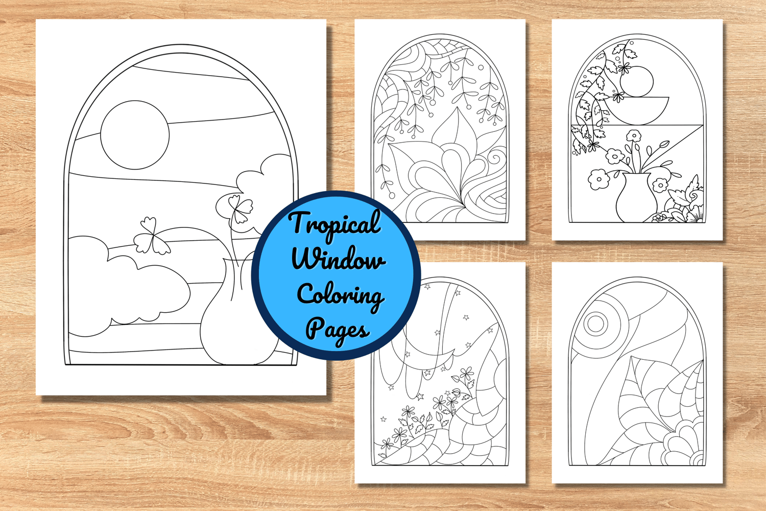 Tropical coloring pages window botanical coloring sheets instant download abstract floral coloring pages boho coloring cards