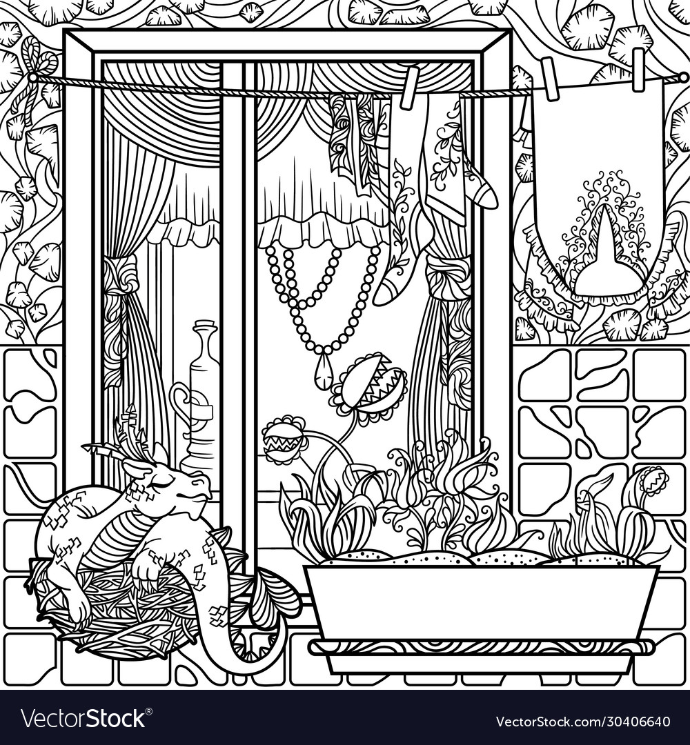 Coloring page for adults with window and dragon vector image