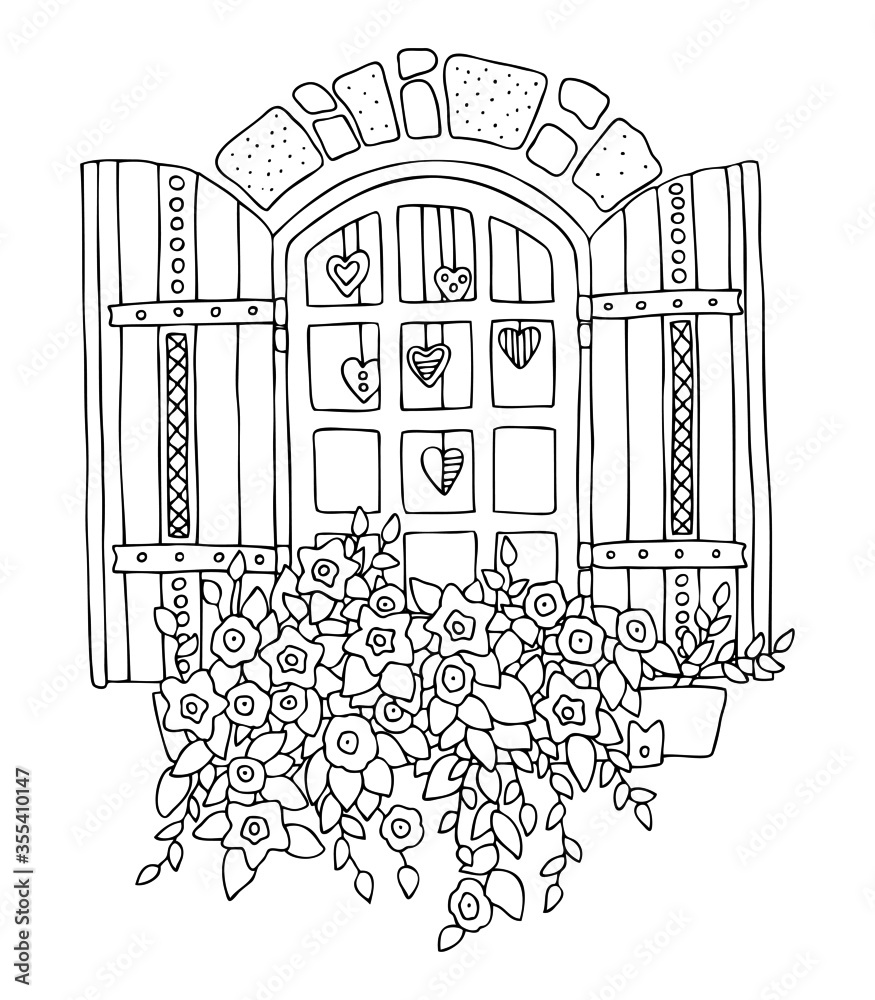 The open window with flowers and hearts in vintage style hand drawn picture sketch for anti