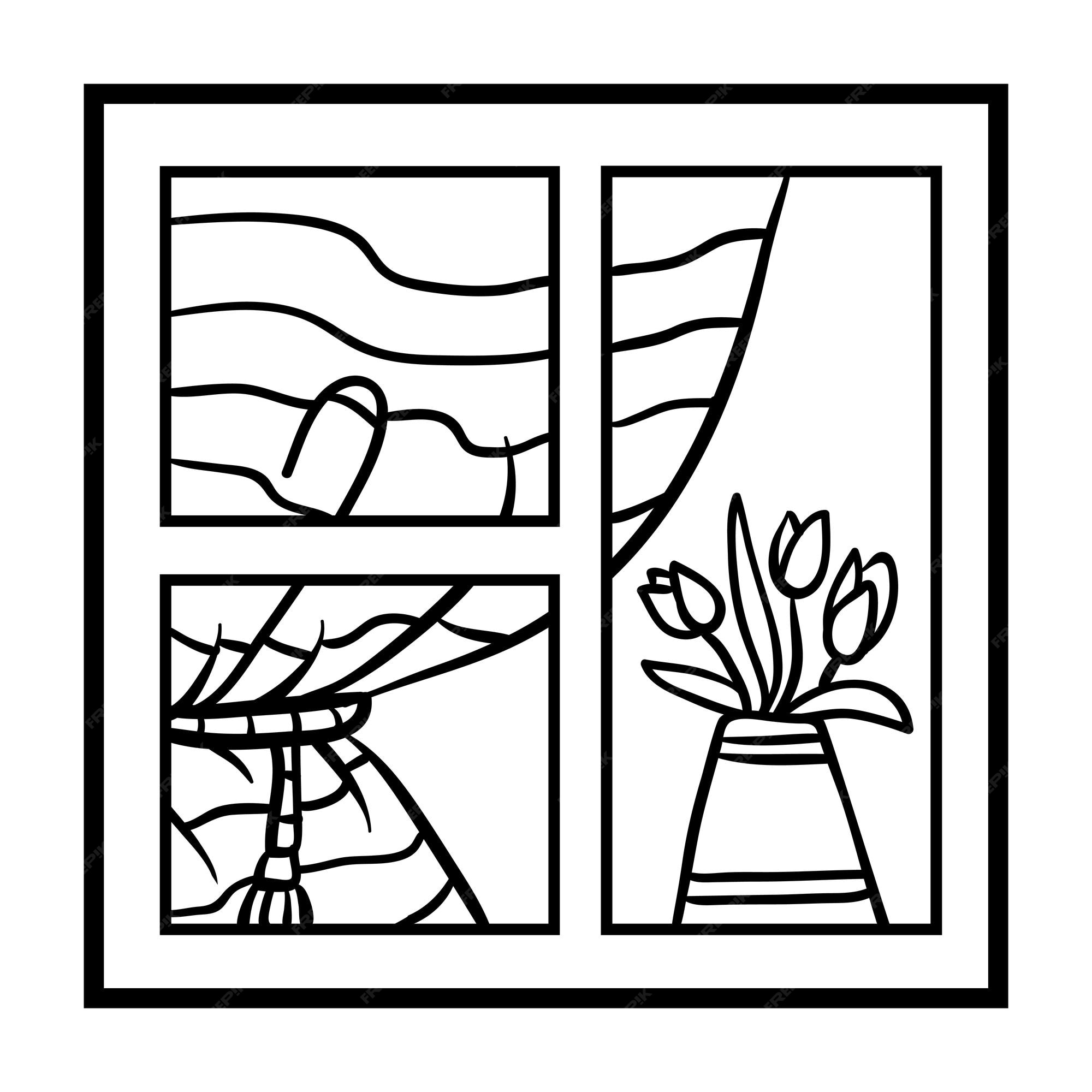 Premium vector coloring book for children window with curtains and flowers