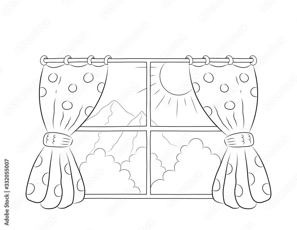 Open window with curtains coloring page for kids you can adjust the image on a x inch page to print illustration