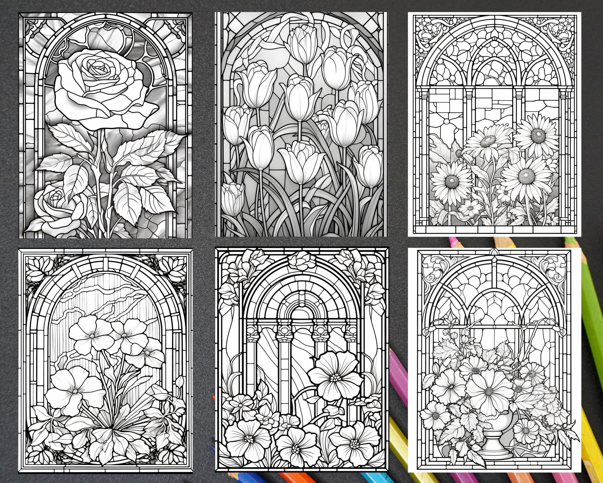 Stained glass flowers grayscale coloring pages printable for adults â coloring