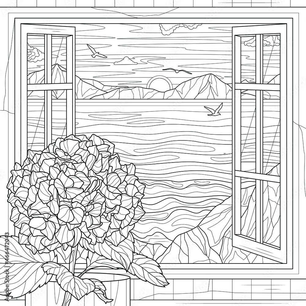 Hydrangea near the window sea and mountainslandscapecoloring book antistress for children and adults illustration isolated on white backgroundzen