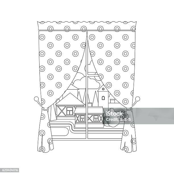 Coloring page design with window curtain stock illustration