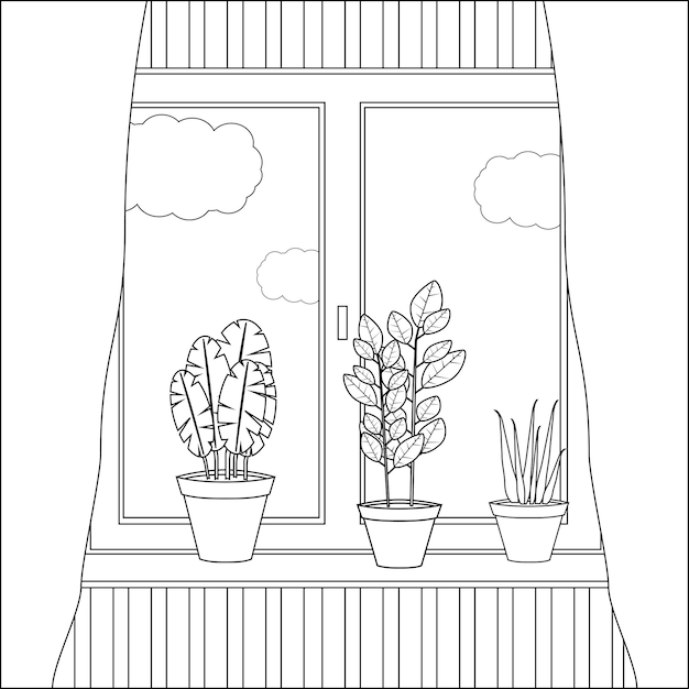 Premium vector doodle landscape in window coloring page for adults fantastic graphic artwork hand drawn simple illustration