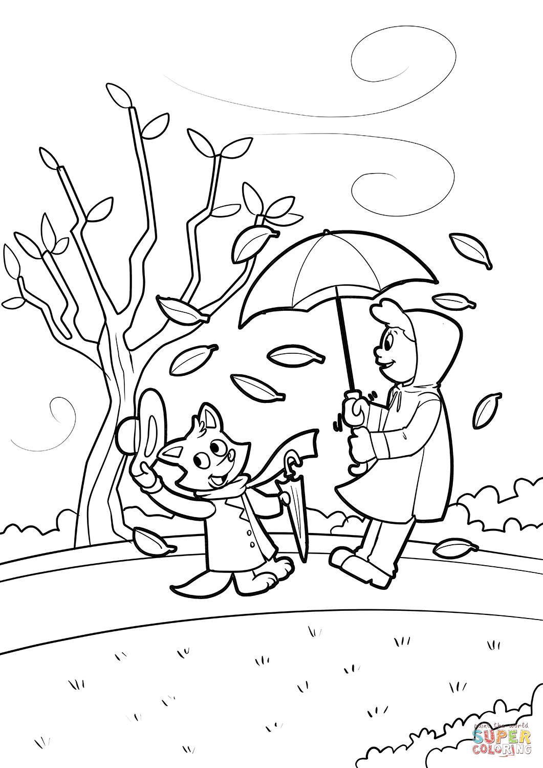 Windy autumn day walk coloring page free printable coloring pages
