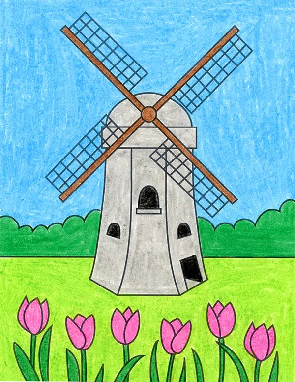 Easy how to draw a windmill tutorial and windmill coloring page