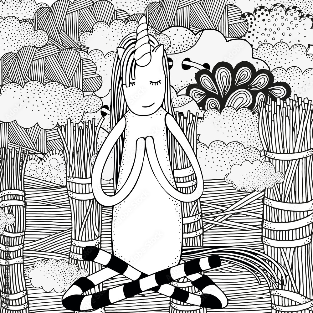 Unicorn in yoga easy pose coloring book page old rustic fence wind clouds zentangle style black and white doodle coloring book page for adult and children vector sketch vector
