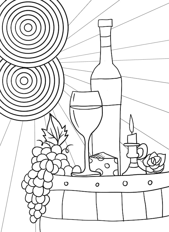 Afternoon wine time coloring page digital download pdf grapes sun wine bottle wine glass cheese
