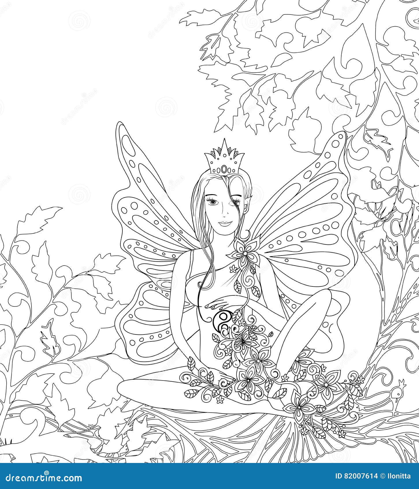 Adult coloring book page isolated fairy lady with butterfly wings zentangle style art stock vector