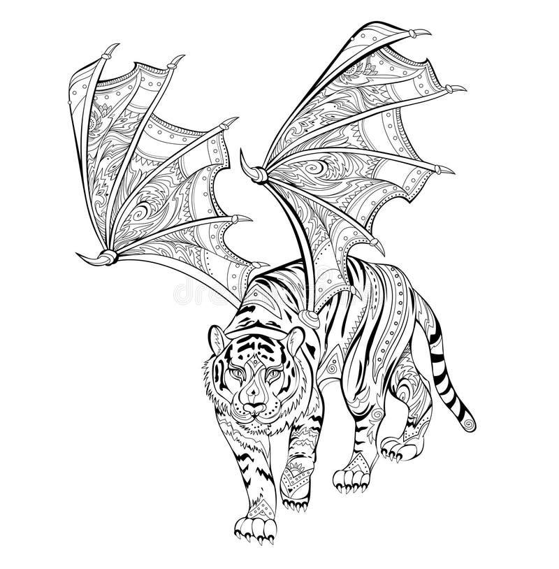Fantastic warlike tiger with wings coloring book printable image for logo tattoo jewelry decoration print stock vector