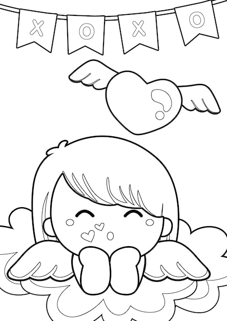 Premium vector little girl angel wings coloring for kids and adult