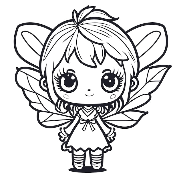 Premium vector cute little fairy with wings coloring page