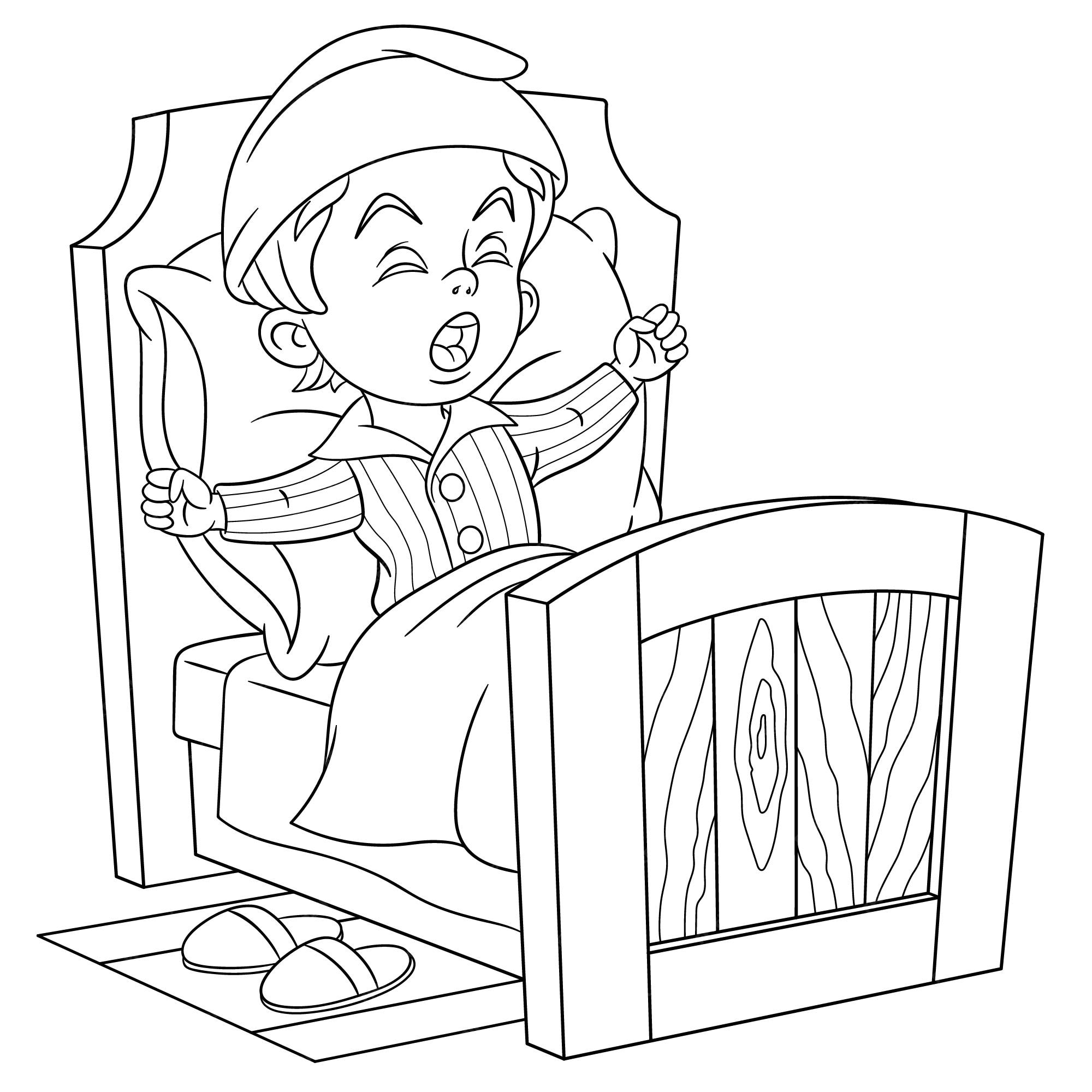 Premium vector cute baby boy waking up or going to sleep cartoon coloring book page for kids