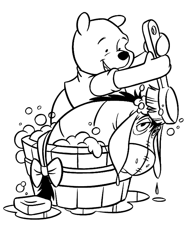 Pooh washing eeyore coloring page