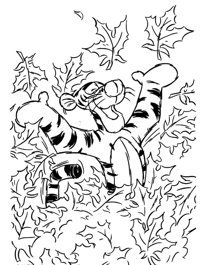 Tiger from winnie the pooh in fall leaves coloring page
