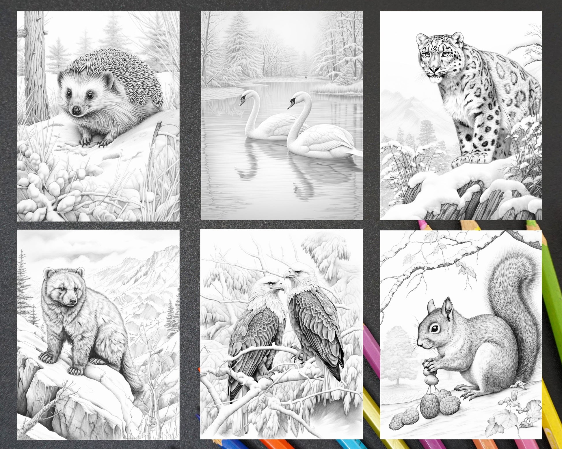 Winter wildlife grayscale coloring pages for adults printable pdf â coloring