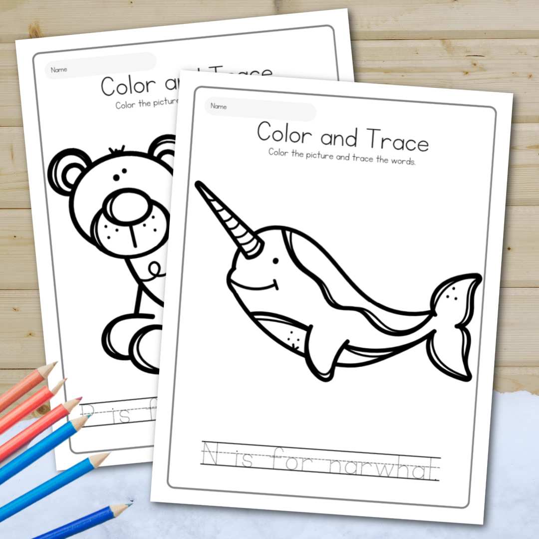 Color and trace winter animals worksheets
