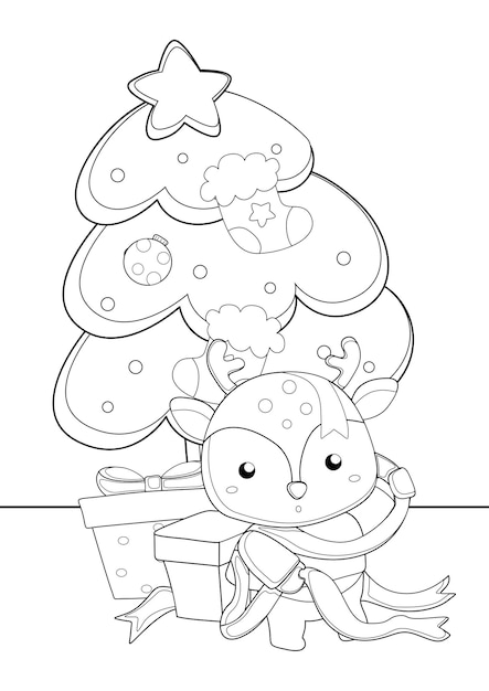 Premium vector christmas animal winter deer holiday cartoon coloring pages for kids and adult activity