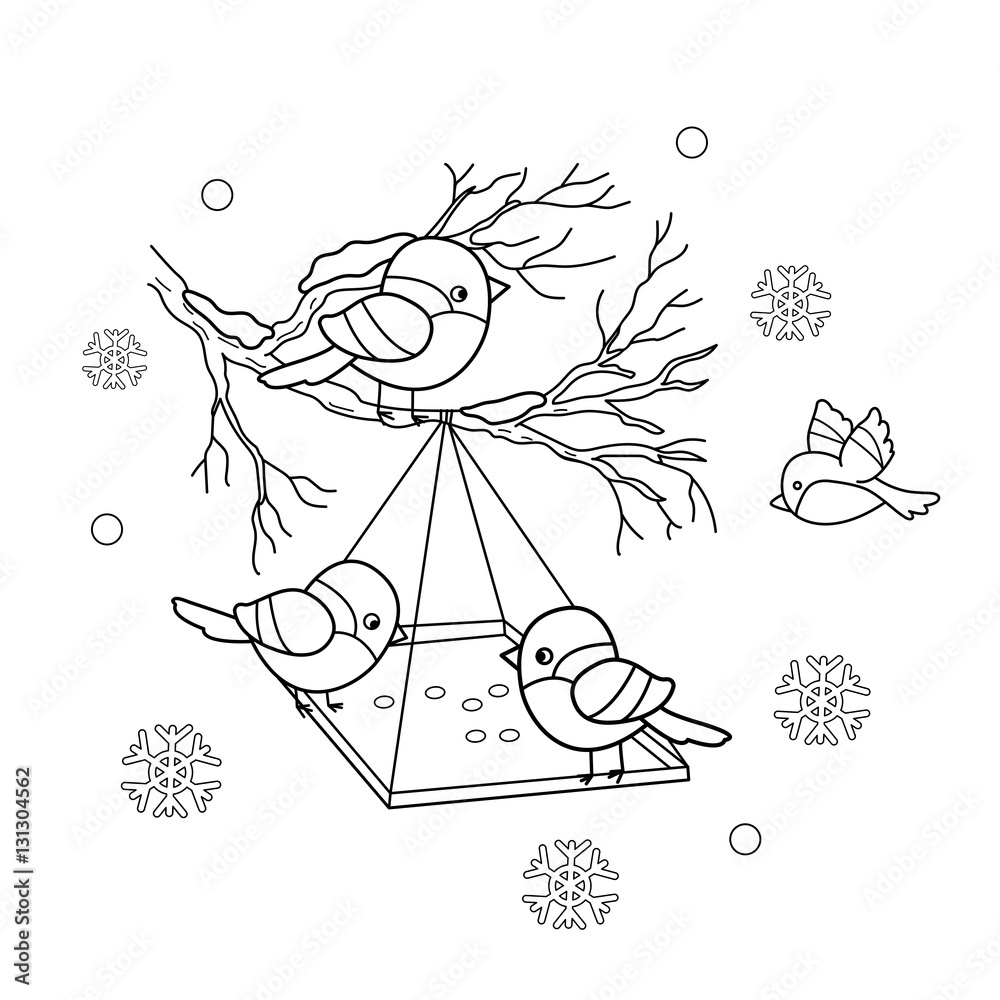 Coloring page outline of cartoon birds in the winter bird feeder bullfinch titmouse sparrows coloring book for kids vector