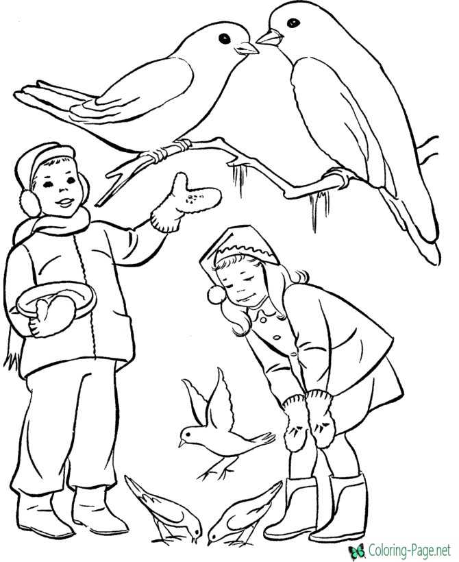 Winter coloring pages girls feed birds