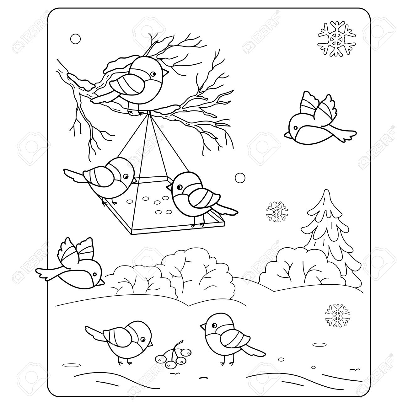 Coloring page outline of cartoon birds in the winter bird feeder bullfinch titmouse sparrows coloring book for kids royalty free svg cliparts vectors and stock illustration image
