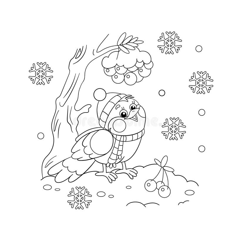 Coloring page outline of a funny bird in winter stock vector