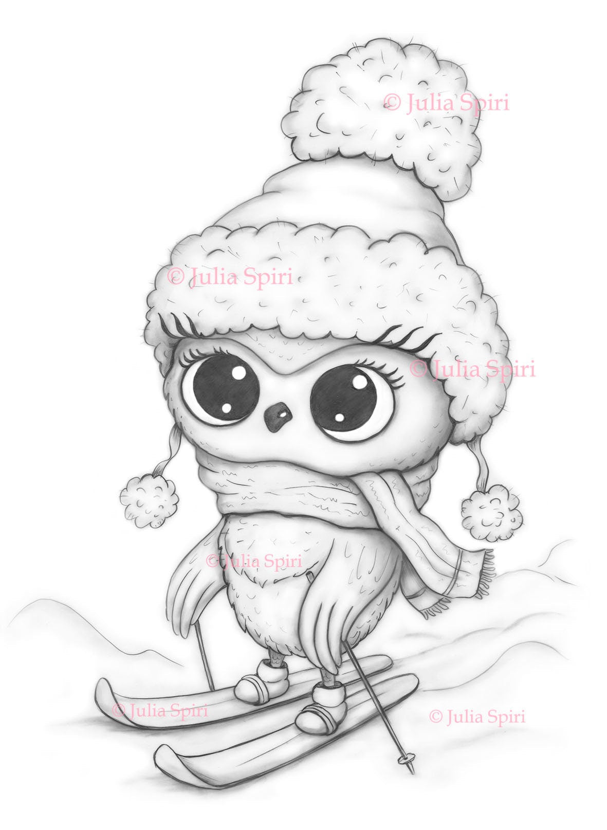 Coloring page cute bird skiing in snow winter owl ollie â the art of julia spiri