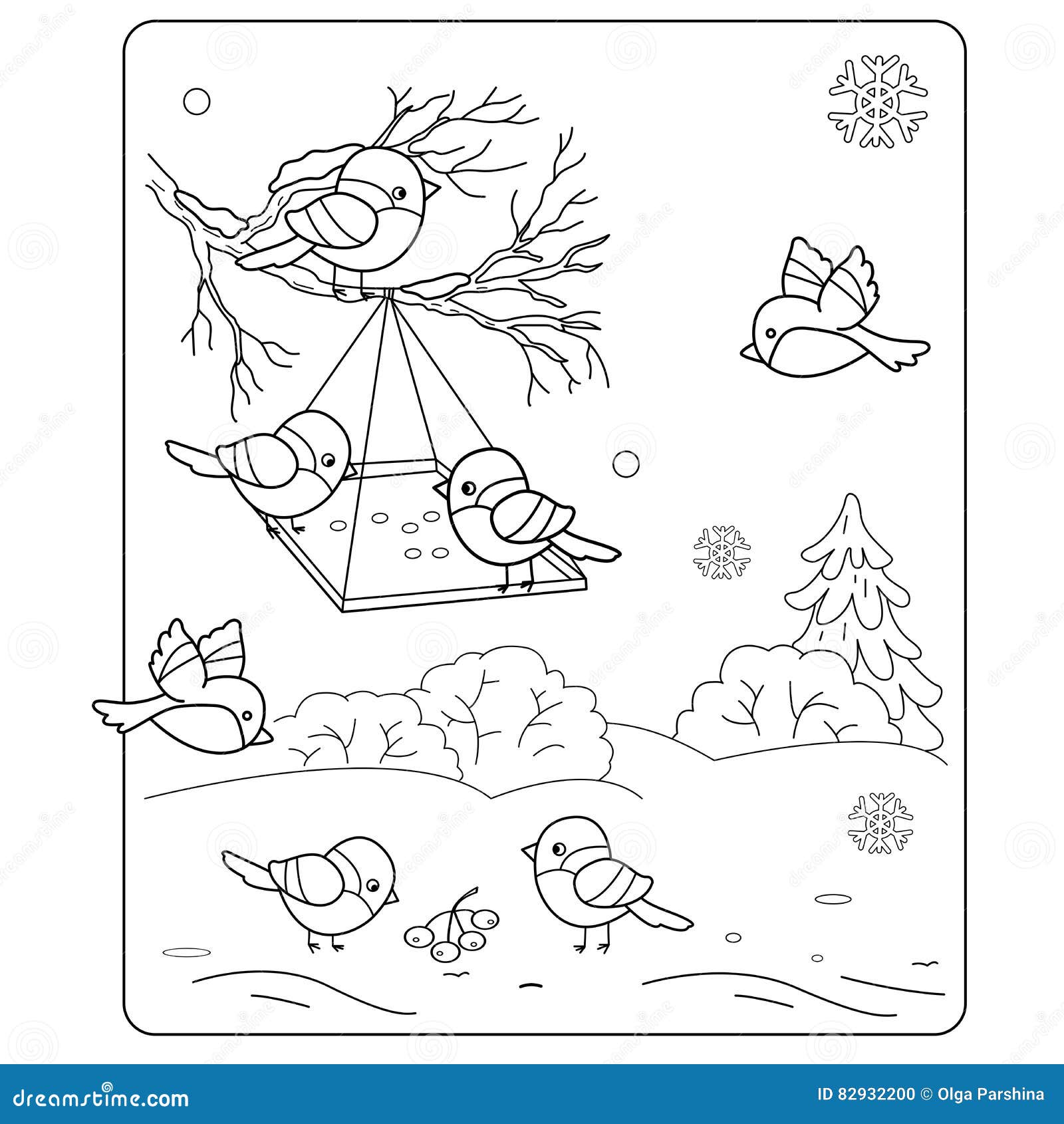 Coloring page outline of cartoon birds in the winter stock vector