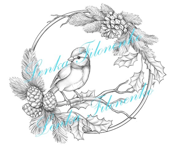 Coloring page grey scale cute tit bird winter pdf download and print