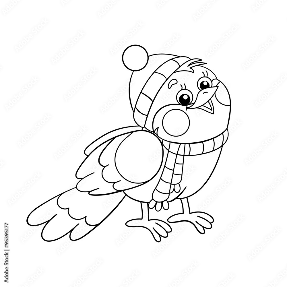 Coloring page outline of a funny bird in winter vector