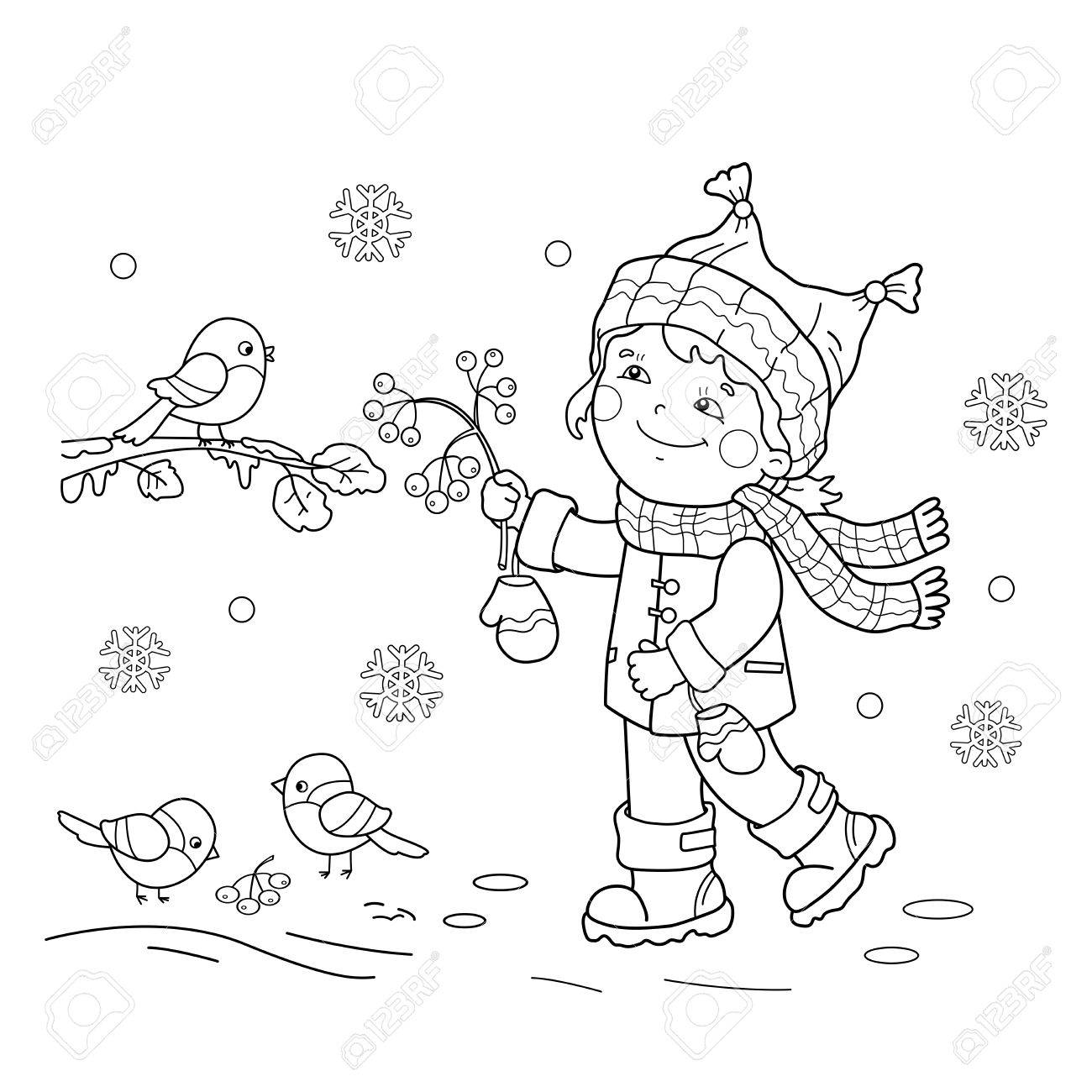 Coloring page outline of girl feeding birds winter coloring book for kids royalty free svg cliparts vectors and stock illustration image