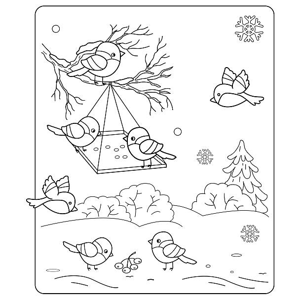 Coloring page outline of cartoon birds in the winter stock illustration