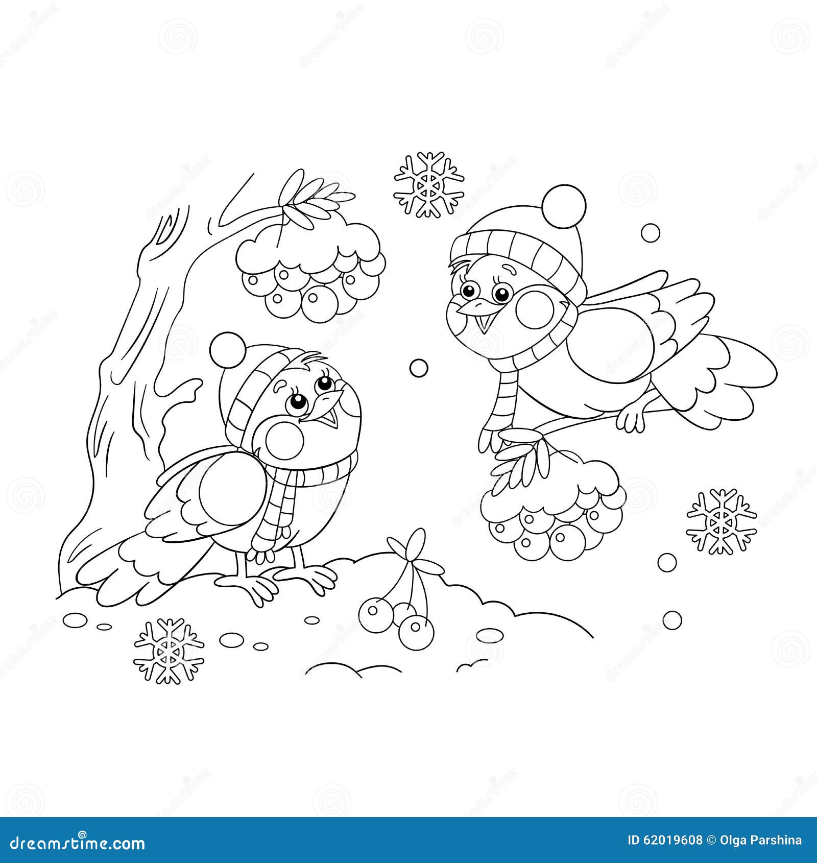 Coloring page outline of funny birds in winter stock vector