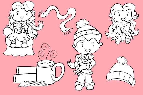 Cute winter hot chocolate kids black and white clip art hot cocoa coloring pages kawaii winter cute winter kids cute cocoa illustrations
