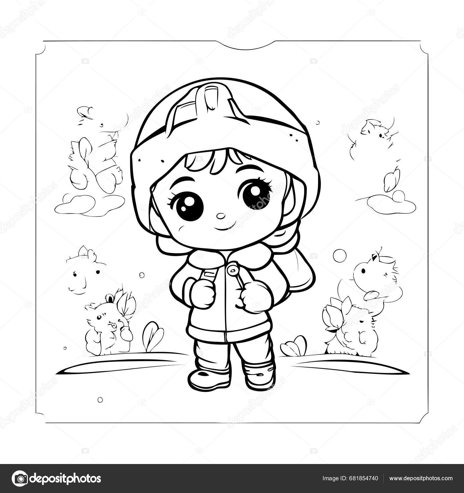 Coloring page outline cute little girl winter clothes stock vector by ibrandify
