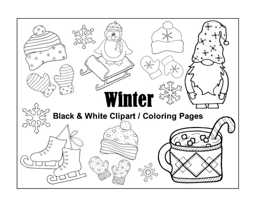 Winter coloring pages black white clipart digital download png files