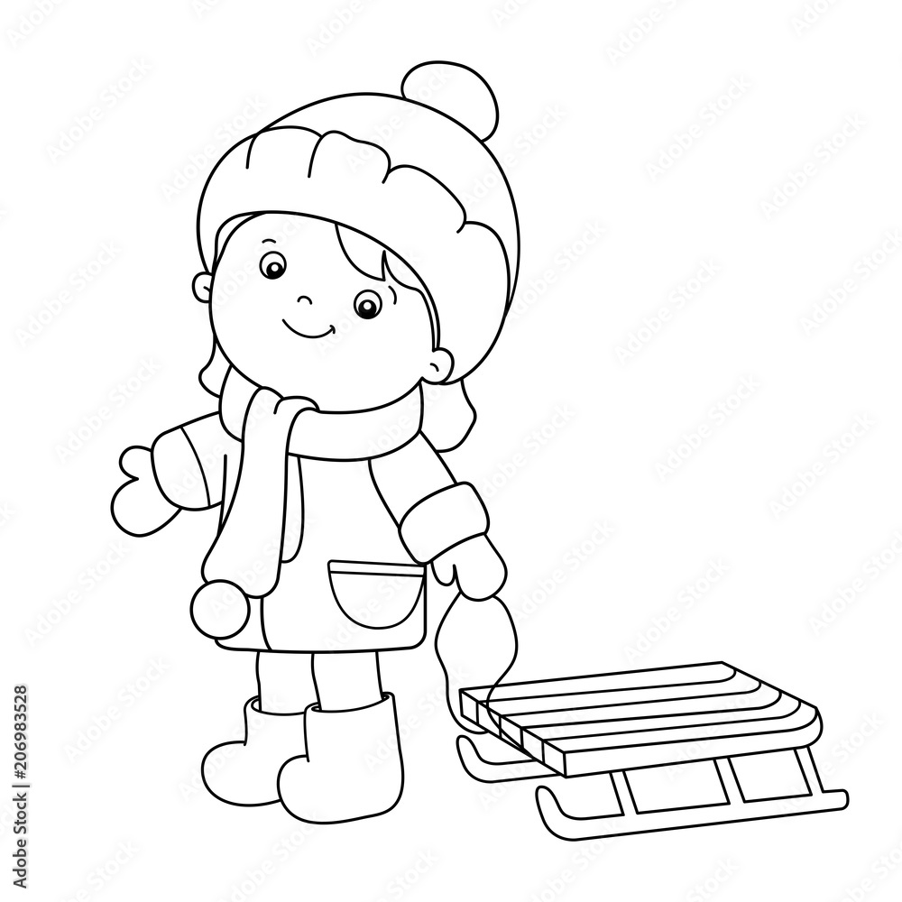 Coloring page outline of cartoon girl with sledge winter coloring book for kids vector