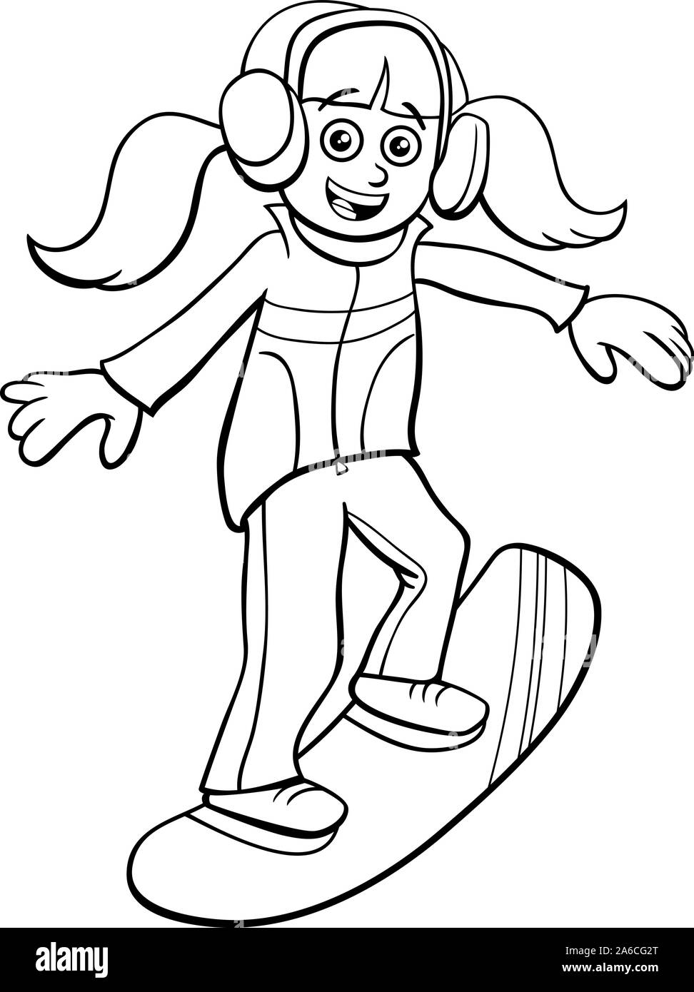 Black and white cartoon illustrations of snowboarding kid or teen girl character on winter time coloring book page stock vector image art