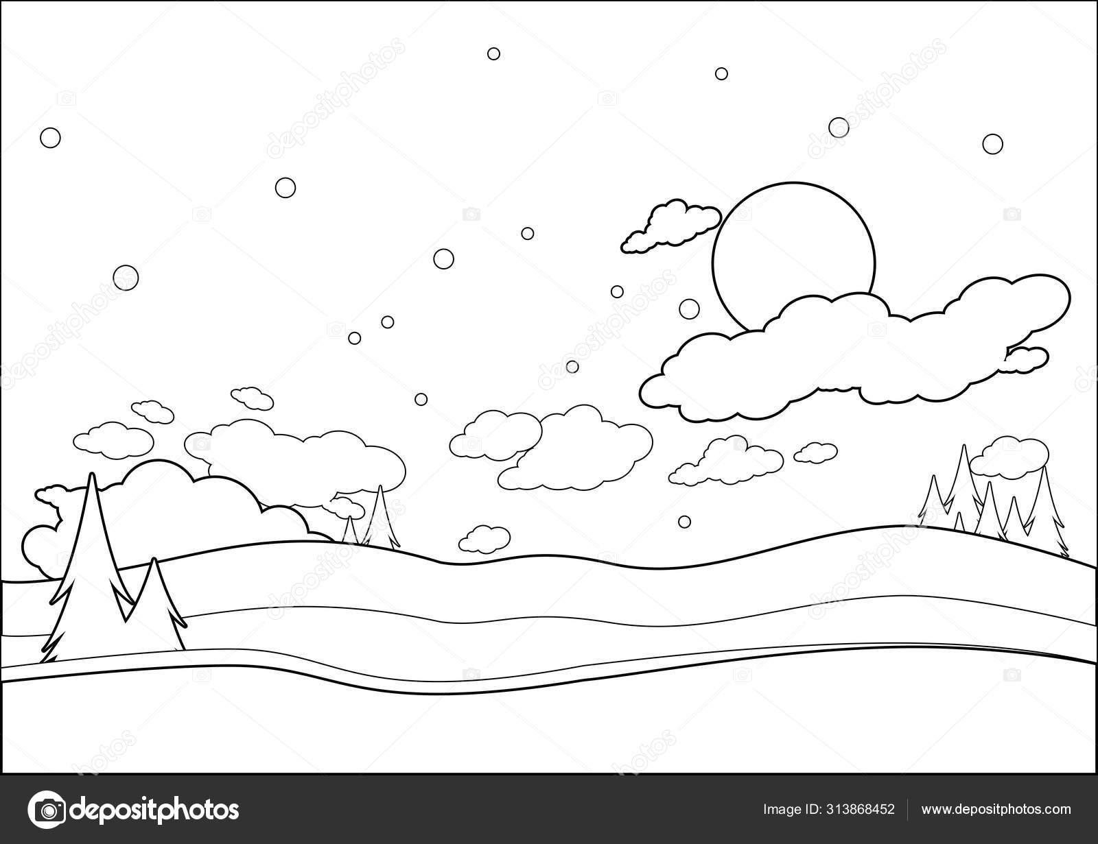 Winter landscape vector black and white coloring page stock vector by stockakia