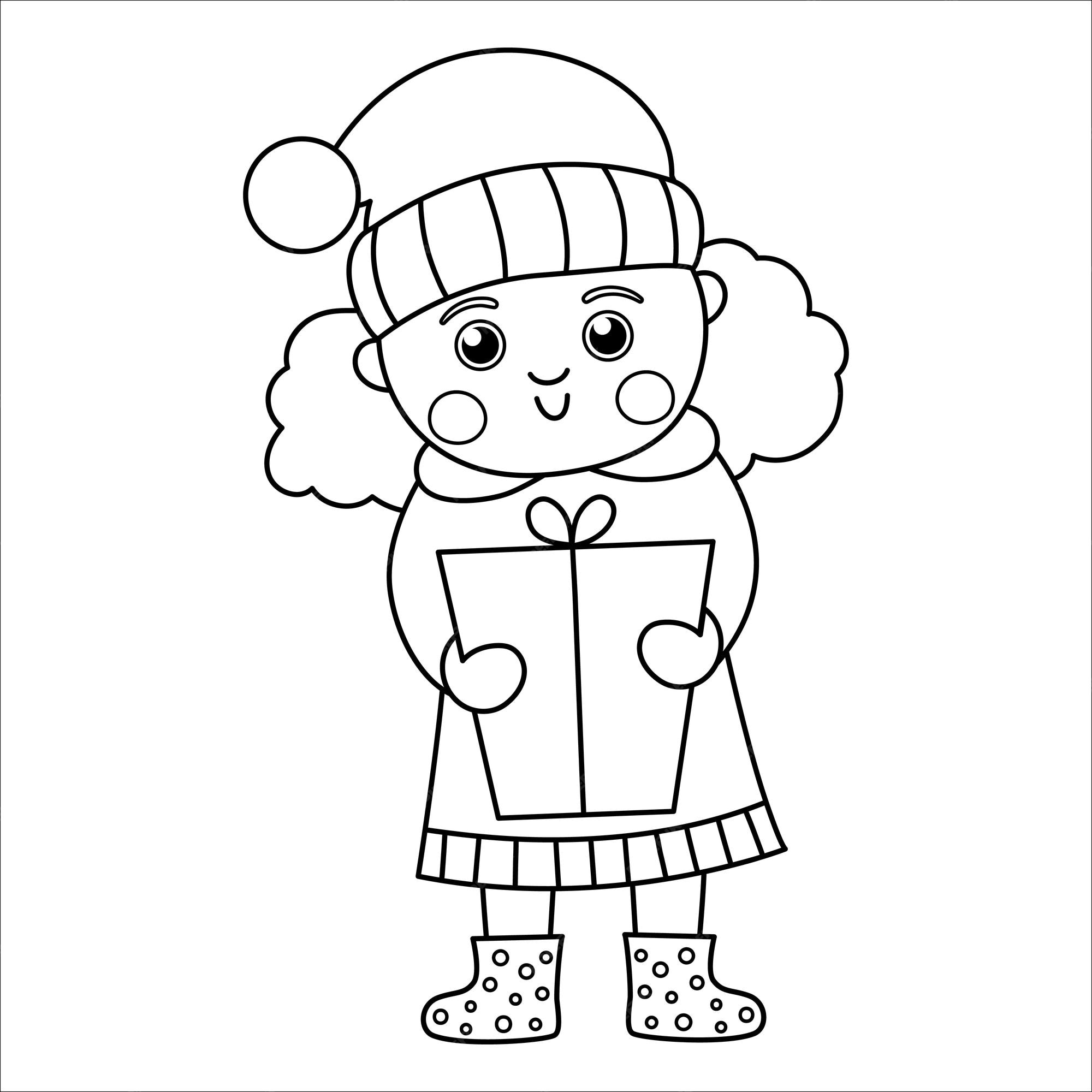 Premium vector vector black and white happy girl with curly hair holding a present cute winter kid illustration or coloring page funny outline icon for christmas new year or winter design