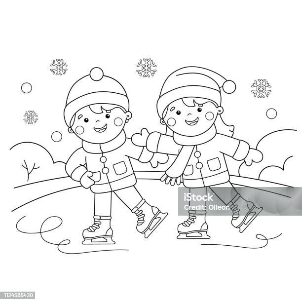 Coloring page outline of cartoon boy with girl skating winter sports coloring book for kids stock illustration