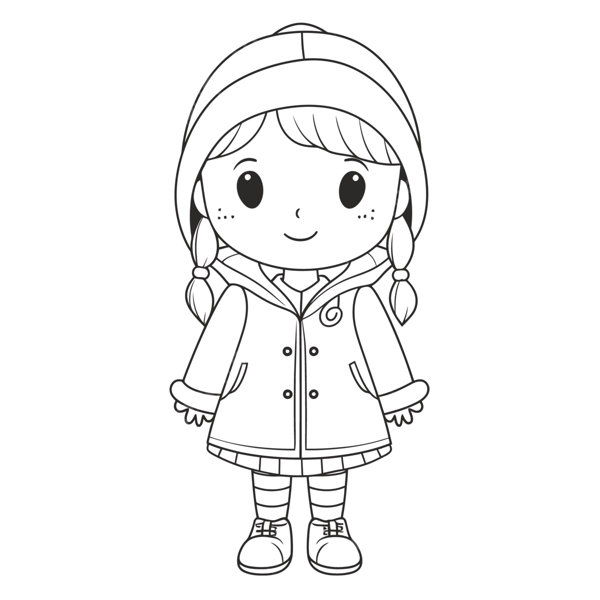 Free printable coloring page of an adorable little girl in a coat dressed in winter outline sketch drawing vector dress drawing wing drawing girl drawing png and vector with transparent background for