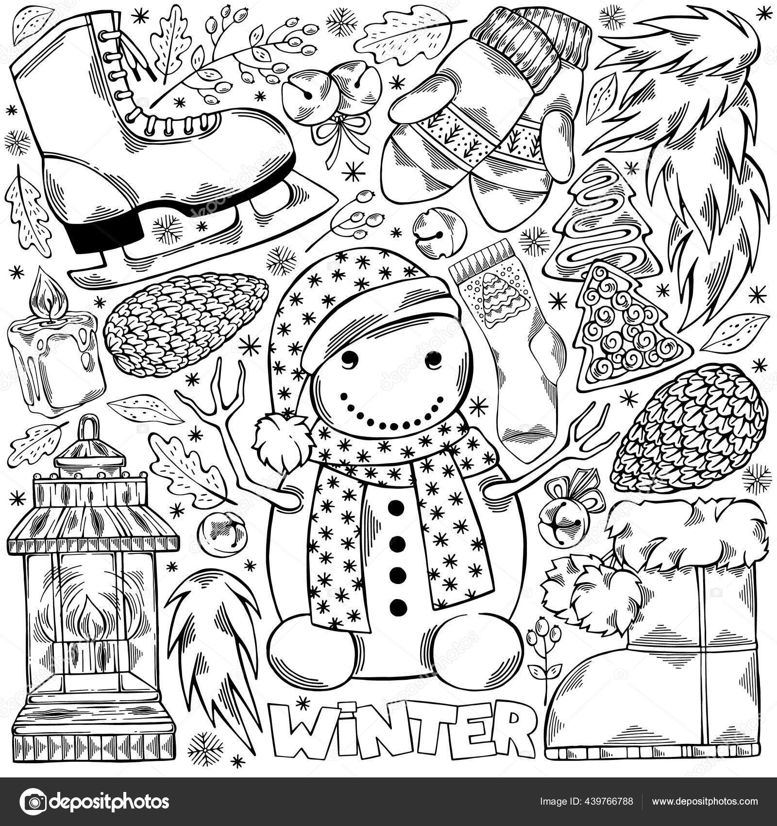 Black white hand drawn set winter elements cone winter boots stock vector by adzami