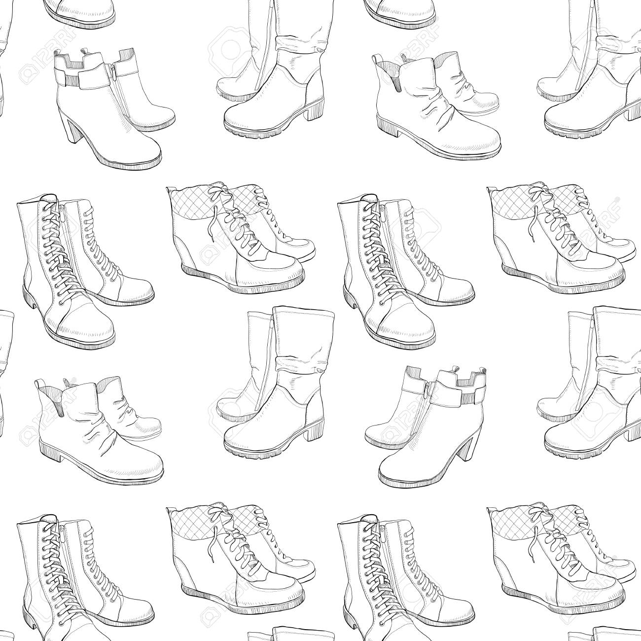 Illustration of hand drawn sketch seamless pattern of shoes sneakers boots high shoe snow boots for casual female coloring book wrapping paper royalty free svg cliparts vectors and stock illustration image
