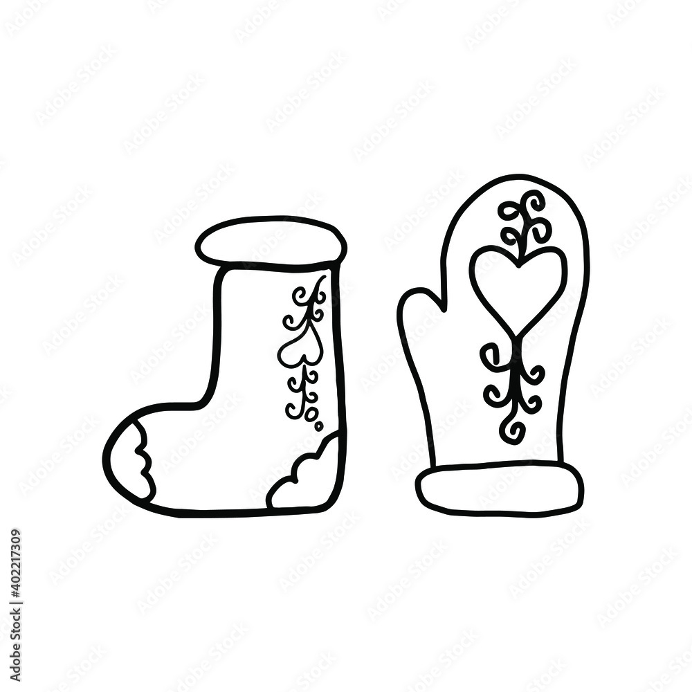 Mitten felt boots ñoloring page hand drawn winter vector illustration heart christmas invitation placard for web element glove design icon children book banner kid poster post card template print vector
