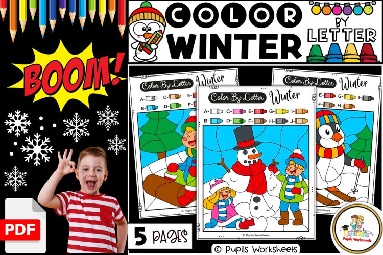 Winter color by letter worksheets