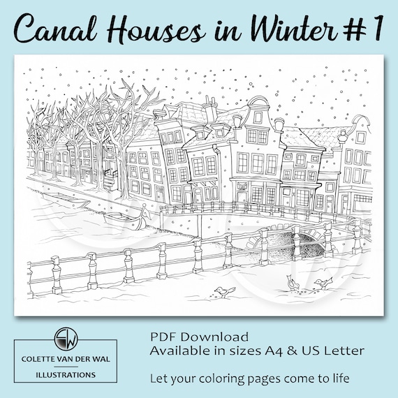 Canal houses in winter coloring page amsterdam fantasy scenes hand illustrated instant download pdf size a us letter