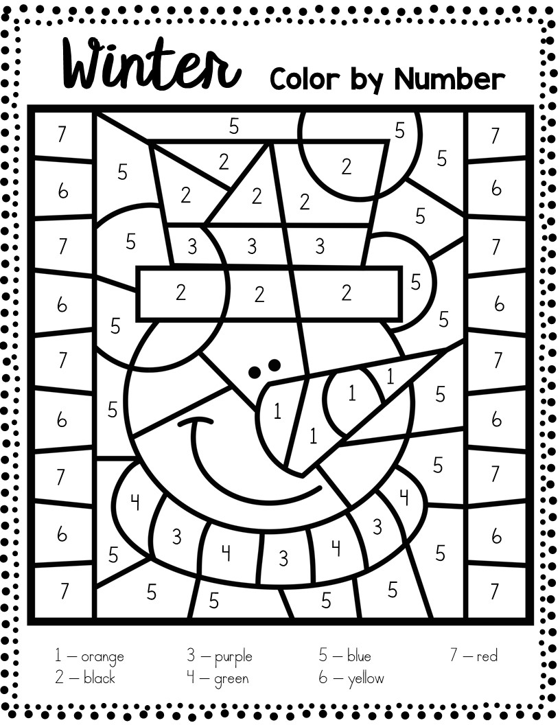 Free winter colour by number worksheets
